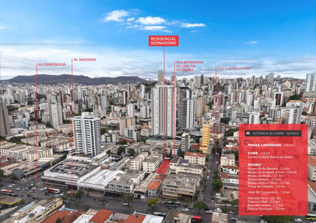 Vista aérea do Smart House Bernardino destacando acessos e distâncias aos principais pontos de Belo Horizonte